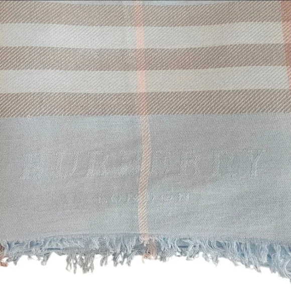 Burberry London 100% Cashmere Powder Blue Tan Cream Check Luxury Designer Scarf - Picture 4 of 5